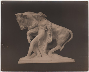 [unidentified woman with bull statue]